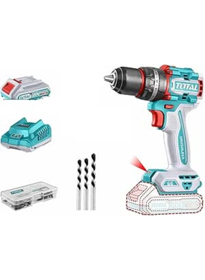 Total 20V Brushless Mini Cordless Hammer Drill - 66Nm Torque, 2 Speeds, LED Work Light and 47 Access