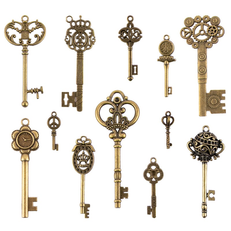 CHuangQi Vintage Skeleton Keys Set, Filigree Steampunk Keys, Antique Bronze Charms Pendants, Pack of 12 Different Style (Pack of 12) - Image 1