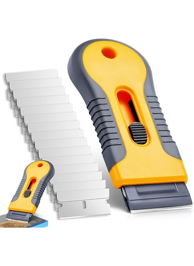 PROMASS promass Razor Blade Scraper, Cleaning Razor Scraper for Glass with 15 pcs Extra Blades, Razor Blade Retractable for Removing Labels, Stickers, Decals, Glue Residue, Paint from Glass, (Yellow)  - Image 1