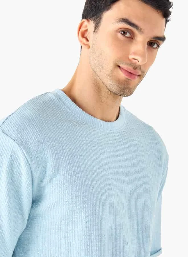 Iconic Iconic Textured Crew Neck T-shirt with Short Sleeves