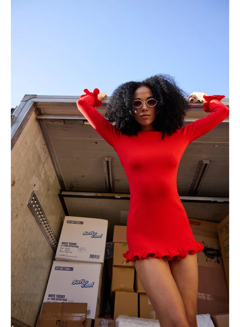 Ashita Fernandes  Off-Shoulder Body-Fitted Milano Knit Mini Dress with Ruffle Detail – Red for Women | Best Price UAE