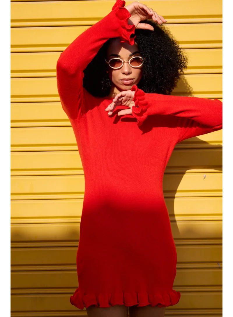 Ashita Fernandes  Off-Shoulder Body-Fitted Milano Knit Mini Dress with Ruffle Detail – Red for Women | Best Price UAE