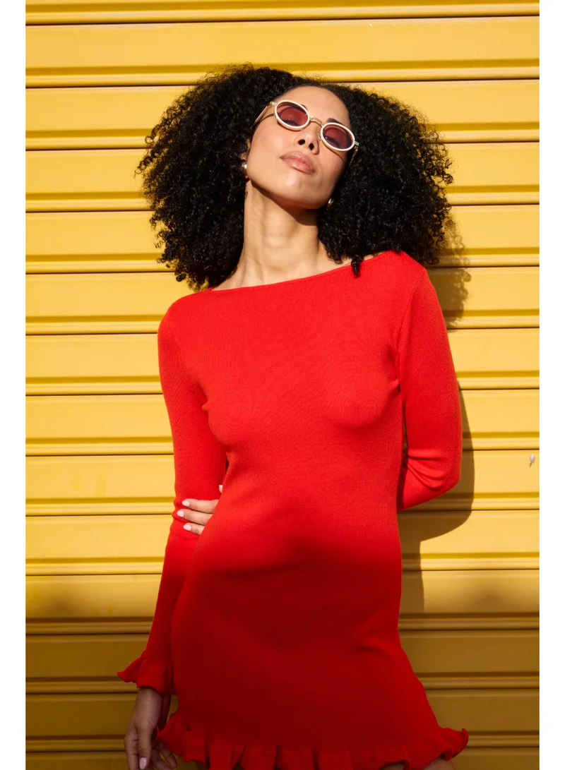 Ashita Fernandes  Off-Shoulder Body-Fitted Milano Knit Mini Dress with Ruffle Detail – Red for Women | Best Price UAE