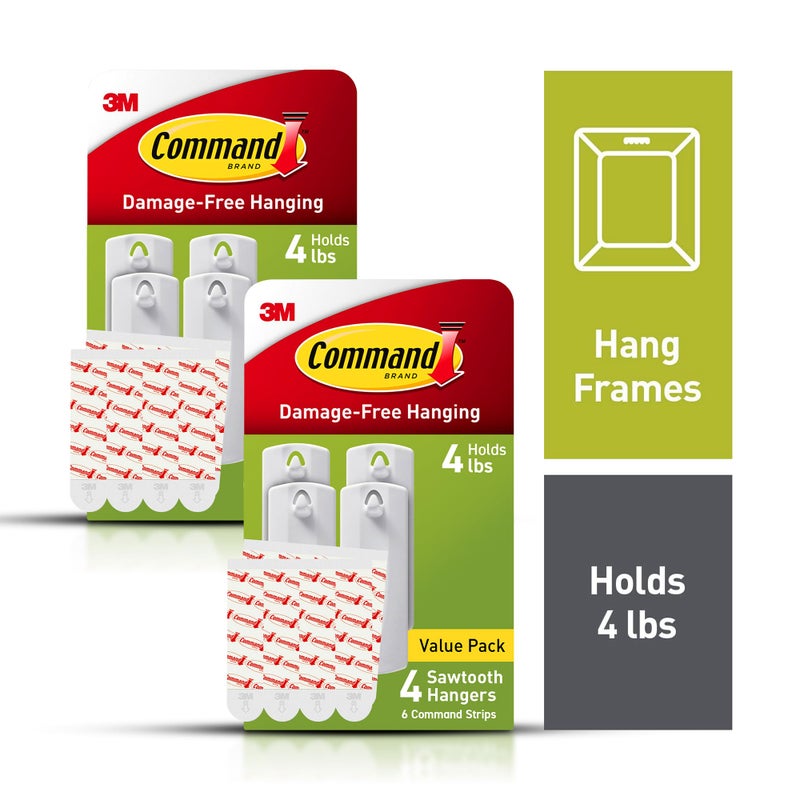 Command Sawtooth Picture Hangers, Damage Free Hanging Frame Hangers, No Tools Wall Hooks for Hanging Sawtooth Frames in Living Spaces, 8 White Picture Frame Hangers and 16 Command Strips - Image 3