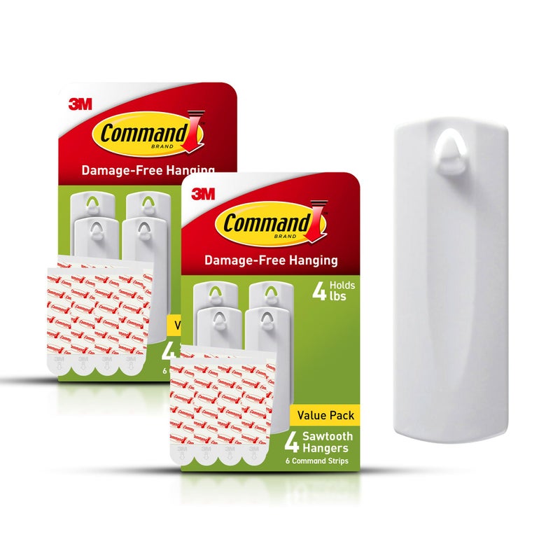 Command Sawtooth Picture Hangers, Damage Free Hanging Frame Hangers, No Tools Wall Hooks for Hanging Sawtooth Frames in Living Spaces, 8 White Picture Frame Hangers and 16 Command Strips - Image 1