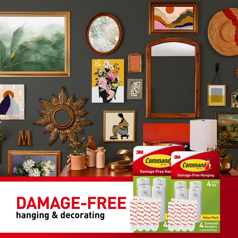 Command Sawtooth Picture Hangers, Damage Free Hanging Frame Hangers, No Tools Wall Hooks for Hanging Sawtooth Frames in Living Spaces, 8 White Picture Frame Hangers and 16 Command Strips - Image 4
