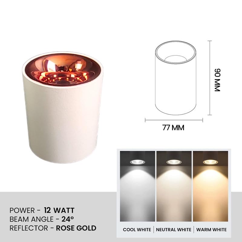Harold Electricals Harold Electricals 12 Watt White Body Antiglare LED Round Cylinderical Surface COB Spotlight Ceiling Downlight for Home Office Indoor Outdoor Rose Gold Reflector Neutral White Pack of 1 - Image 3