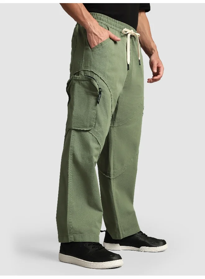 Beyoung Sage Green Raw Edge 3D Pocket Cargo Pants