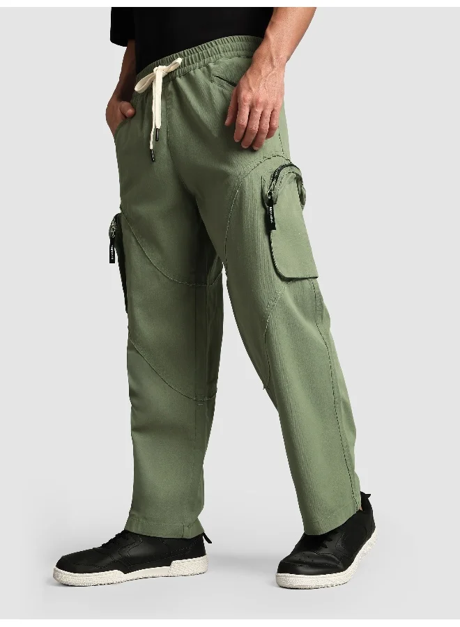 Beyoung Sage Green Raw Edge 3D Pocket Cargo Pants