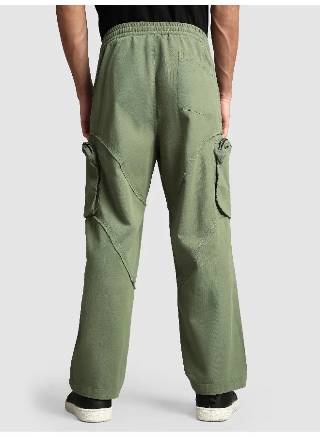 Beyoung Sage Green Raw Edge 3D Pocket Cargo Pants