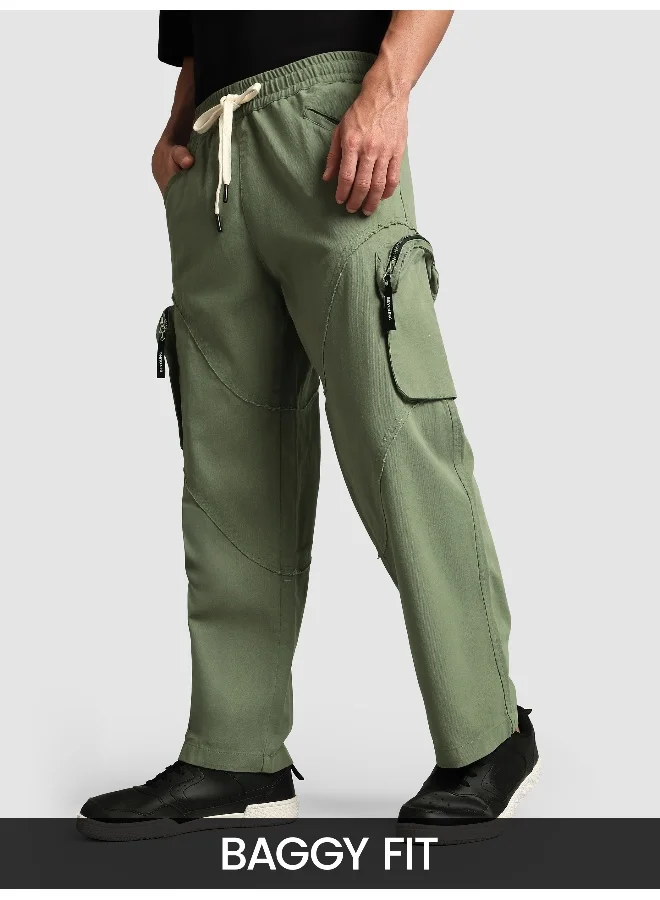 Beyoung Sage Green Raw Edge 3D Pocket Cargo Pants