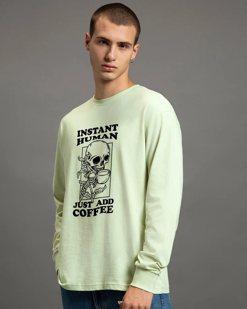 بيواكوف تيشيرت رجالي أخضر مطبوع برسومات فورية بتصميم أوفر سايز