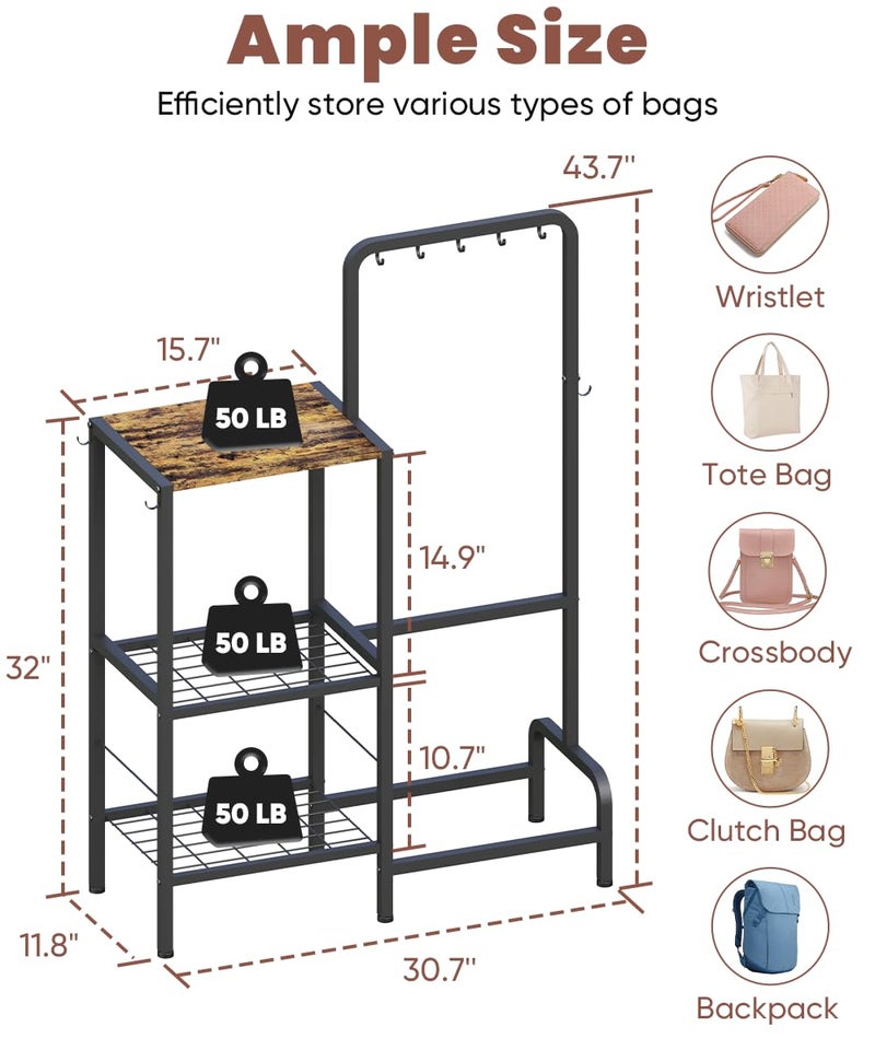 Whoonba Floor-Standing 3-Tier Purse Organizer, High-Capacity Bag Holder with 8 Hooks, Multi-Functional Purse Rack for Various Bags, Handbag Display Stand Shelf for Closet, Bedroom, Entryway, Black - Image 3