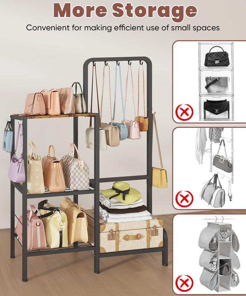 Whoonba Floor-Standing 3-Tier Purse Organizer, High-Capacity Bag Holder with 8 Hooks, Multi-Functional Purse Rack for Various Bags, Handbag Display Stand Shelf for Closet, Bedroom, Entryway, Black - Image 5