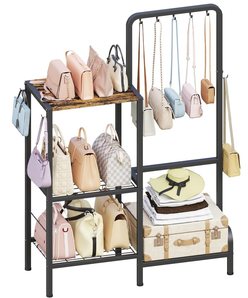 Whoonba Floor-Standing 3-Tier Purse Organizer, High-Capacity Bag Holder with 8 Hooks, Multi-Functional Purse Rack for Various Bags, Handbag Display Stand Shelf for Closet, Bedroom, Entryway, Black - Image 1