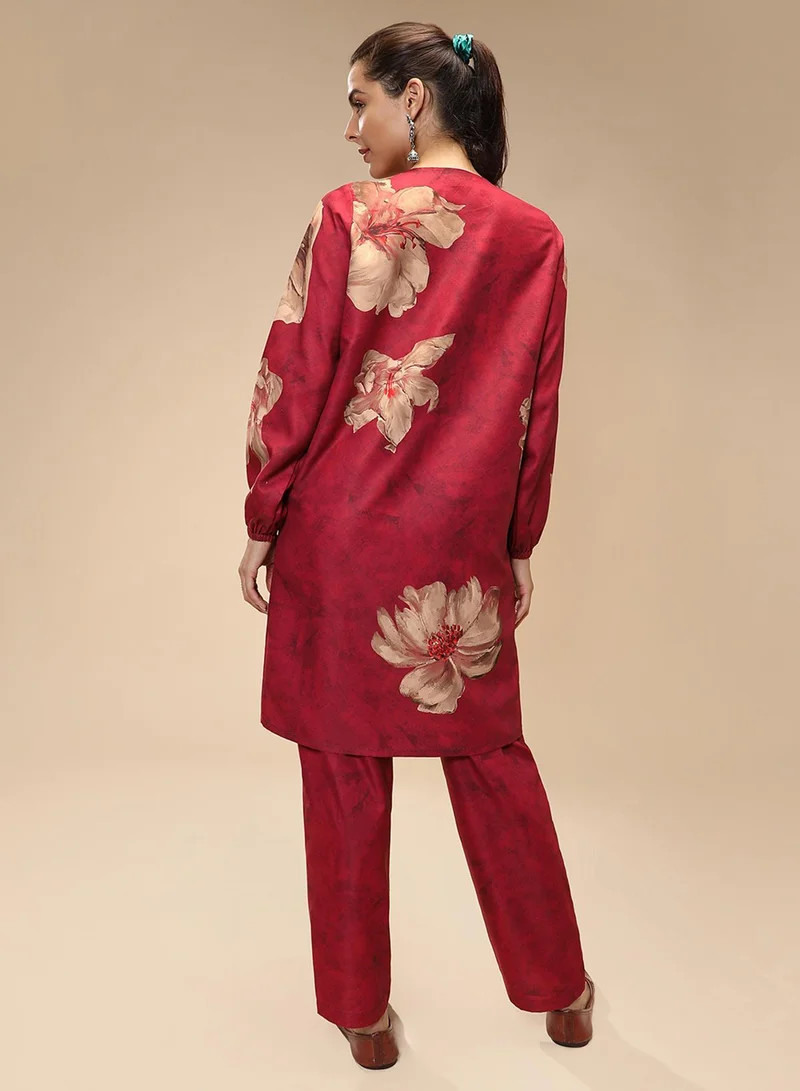 QISSA Pink Qissa Women's Rouge Pink Poppy Flora Kurti With Trousers For Casual Wear | Round Neck | Long Sleeves | 2 Piece Kurta Set Designed With Comfort Fit For Everyday Ethnic Wear for Women | Best Price UAE
