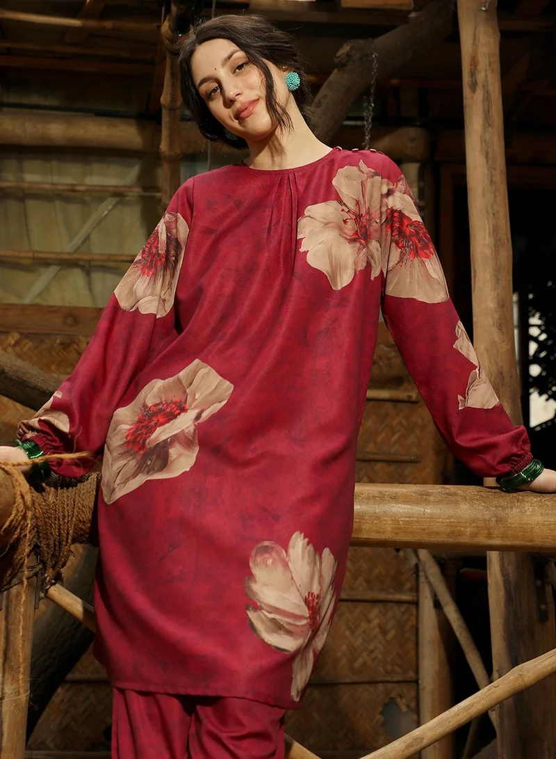 QISSA Pink Qissa Women's Rouge Pink Poppy Flora Kurti With Trousers For Casual Wear | Round Neck | Long Sleeves | 2 Piece Kurta Set Designed With Comfort Fit For Everyday Ethnic Wear for Women | Best Price UAE