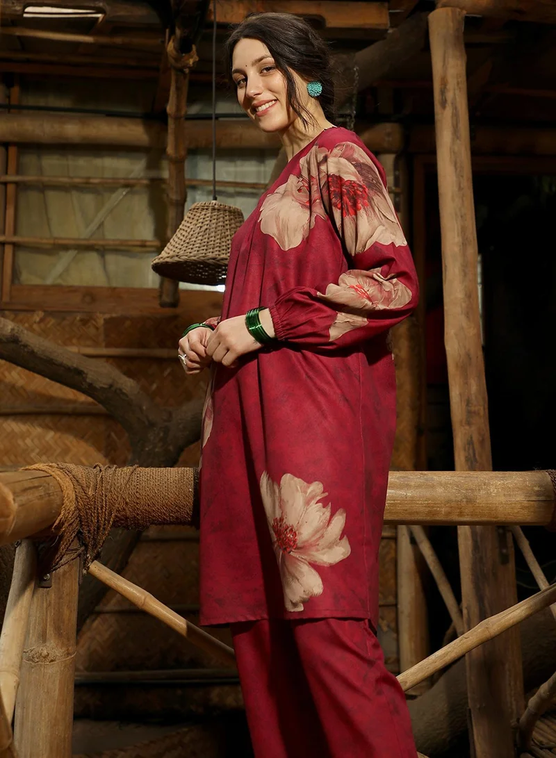 QISSA Pink Qissa Women's Rouge Pink Poppy Flora Kurti With Trousers For Casual Wear | Round Neck | Long Sleeves | 2 Piece Kurta Set Designed With Comfort Fit For Everyday Ethnic Wear for Women | Best Price UAE