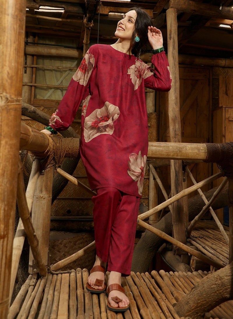 Qissa Women's Rouge Pink Poppy Flora Kurti With Trousers For Casual Wear | Round Neck | Long Sleeves | 2 Piece Kurta Set Designed With Comfort Fit For Everyday Ethnic Wear - Image 1