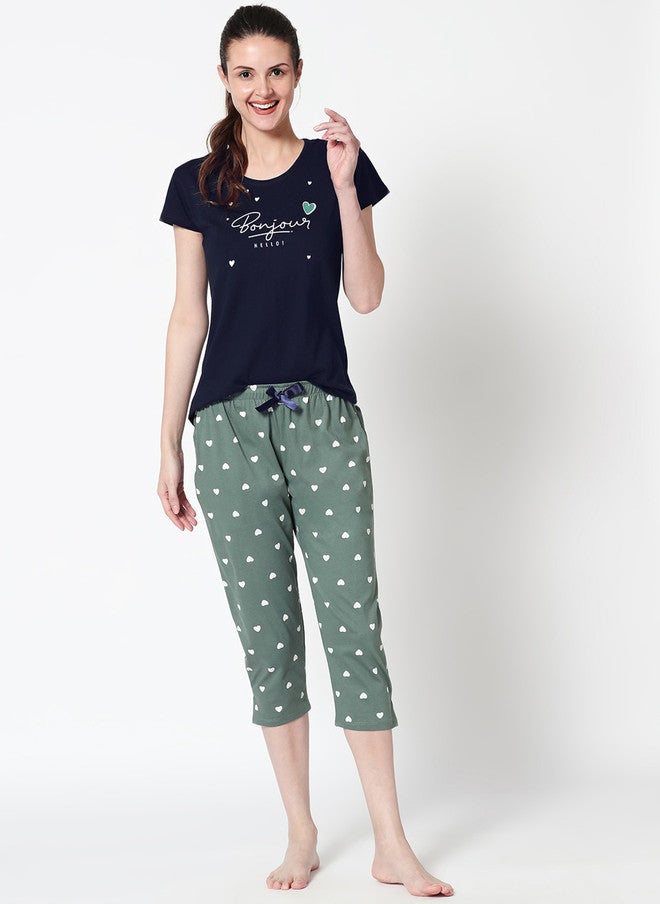 Zeyo Women Navy Blue & Green Printed Night Suit - Image 2