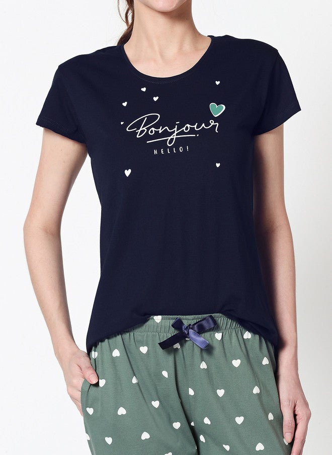 Zeyo Women Navy Blue & Green Printed Night Suit - Image 3