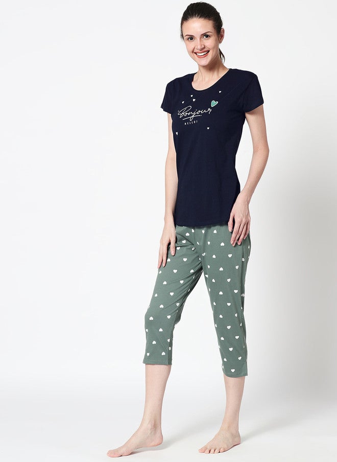 Zeyo Women Navy Blue & Green Printed Night Suit - Image 4