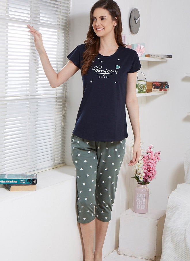 Zeyo Women Navy Blue & Green Printed Night Suit - Image 1