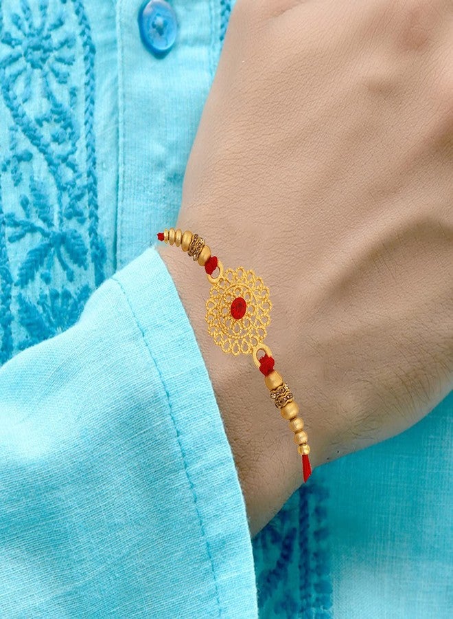 Okos Matte Gold Finish Circular Shape Delicate Rakhi (Bracelet) With Red Crystal Elements For Rakshabandhan- Rakhi For Brother, Bhaiya Bhai RK1000361C - Image 2