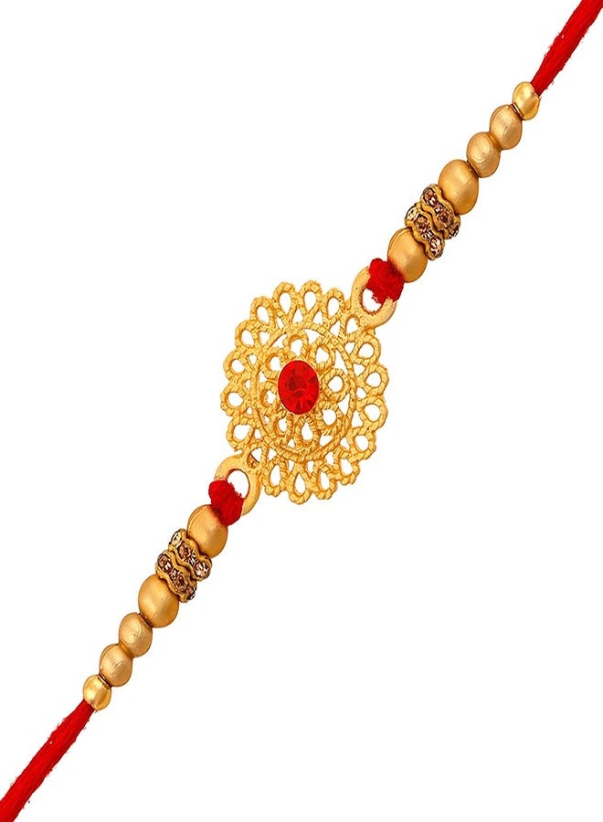 Okos Matte Gold Finish Circular Shape Delicate Rakhi (Bracelet) With Red Crystal Elements For Rakshabandhan- Rakhi For Brother, Bhaiya Bhai RK1000361C - Image 1