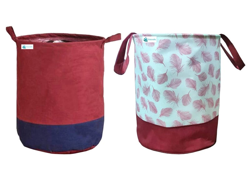 Unicrafts Laundry Bag 45 L Durable and Collapsible Laundry storage Bag with Handles Clothes Toys Storage Foldable Laundry Bag for Dirty Clothes Pack of 2 Pc Maroon 1 MaroonBlue 1 Leaf Design Maroon