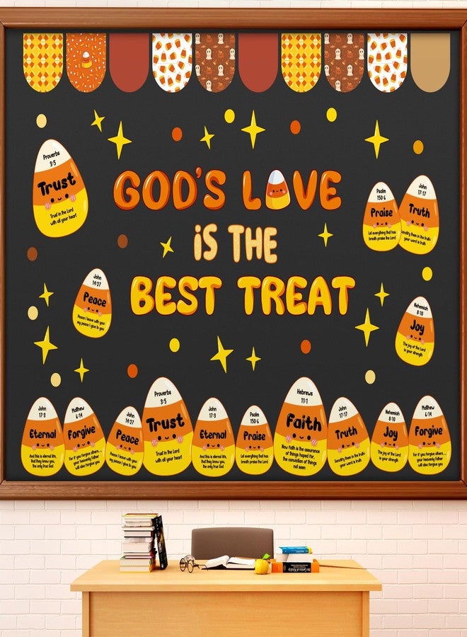 Zhanmai 123 Pcs Candy Corn Bulletin Board Set Religious Halloween Candy Corn Bible Verse God's Love is The Good Treat Cutout for Fall Halloween Faith Religious Classroom Sunday School Wall Decor - Image 1