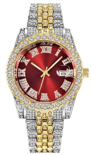 SENRUD Mens Diamond Watch Fashion Crystal Rhinestone Quartz Analog Watch IcedOut Bracelet Wrist Watch Two ToneRed - Image 1