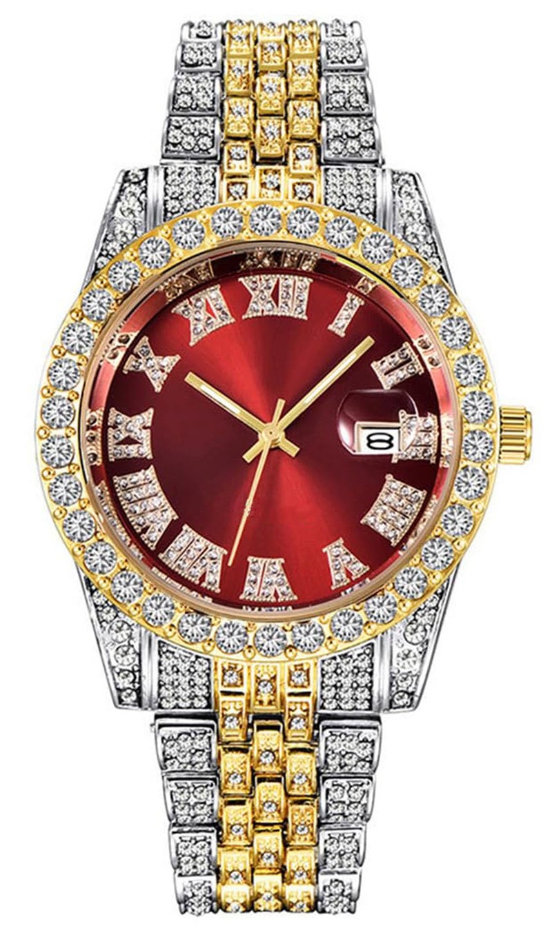 SENRUD Mens Diamond Watch Fashion Crystal Rhinestone Quartz Analog Watch IcedOut Bracelet Wrist Watch Two ToneRed - Image 2