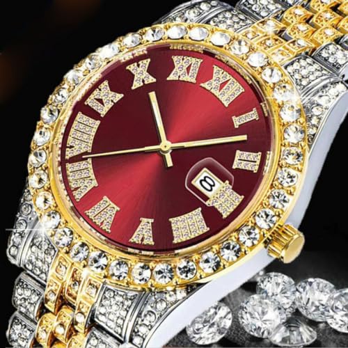 SENRUD Mens Diamond Watch Fashion Crystal Rhinestone Quartz Analog Watch IcedOut Bracelet Wrist Watch Two ToneRed - Image 3