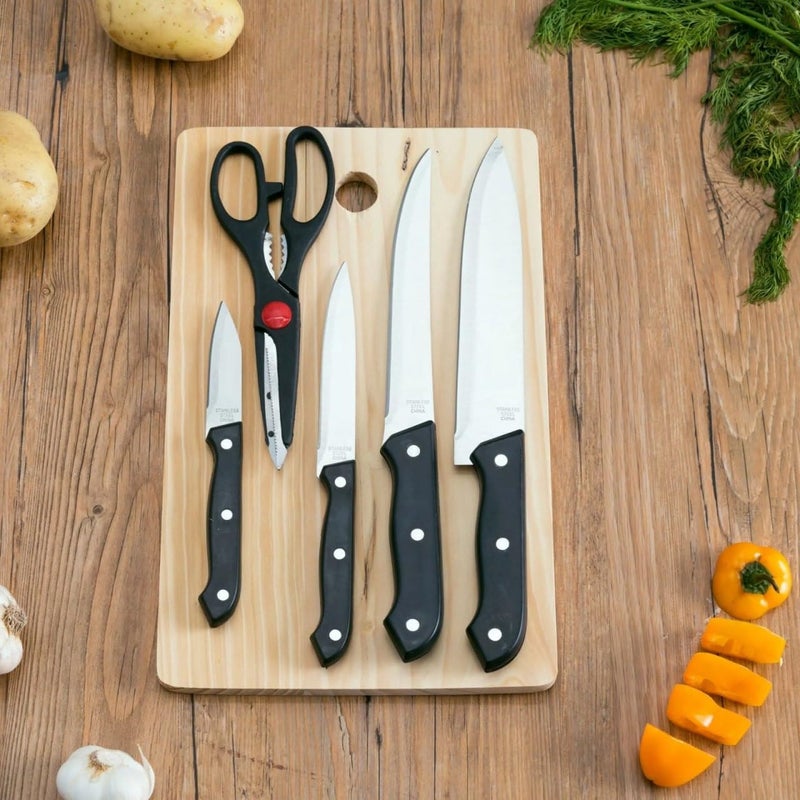 Shrux 6 pcs Stainless Steel Wooden Kitchen Knife Set with Knife Scissors Chopping Board Multi Color 32x21x1 cm Professional Chef Kitchen Accessories - Image 1