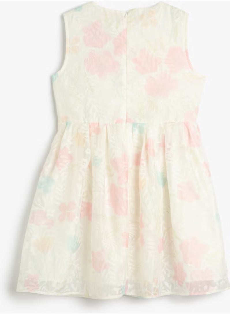 KOTON Cotton Dress Tulle Floral Midi Length Sleeveless Round Neck Lined - Image 2