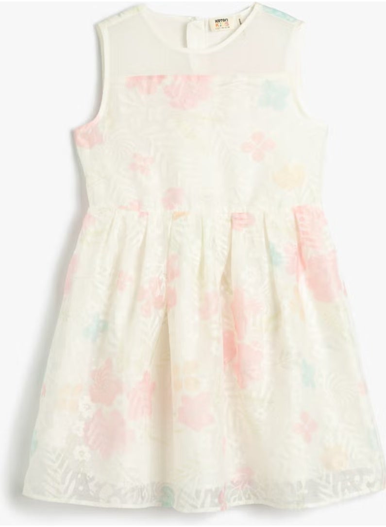 KOTON Cotton Dress Tulle Floral Midi Length Sleeveless Round Neck Lined - Image 1