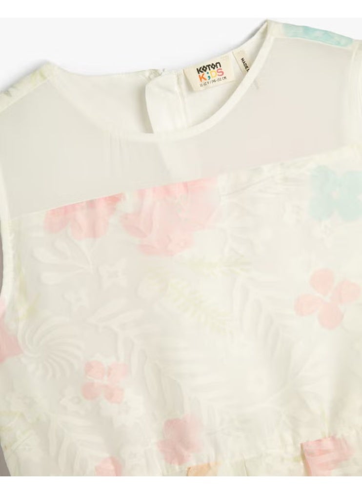KOTON Cotton Dress Tulle Floral Midi Length Sleeveless Round Neck Lined - Image 3