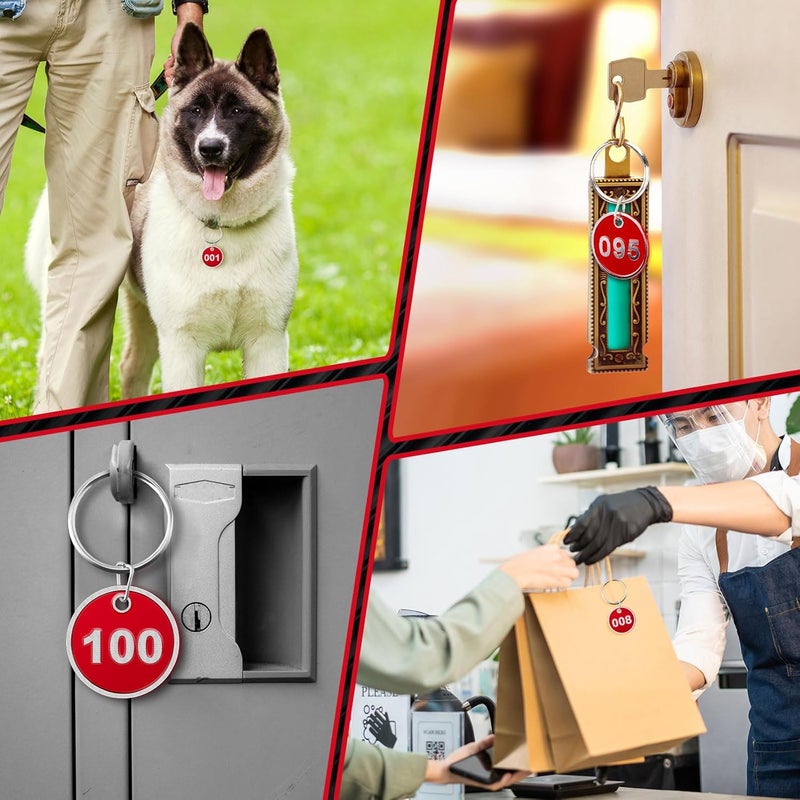 Tandefio تانديفيو 100 علامة مفاتيح دائرية مرقمة من سبائك الألومنيوم، علامات معدنية مرقمة، علامات تعليق، ملصقات أمتعة بحلقات لسلسلة مفاتيح المهجع وصناديق الخزائن، باللون الأحمر - Image 5