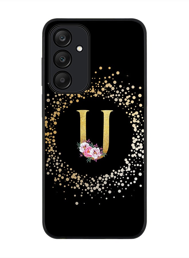 Stylizedd Rugged Black edge case for Samsung Galaxy A25, Slim fit Thin Cover- Custom Monogram Initial Letter Floral Pattern Alphabet- U (Black) - Image 1