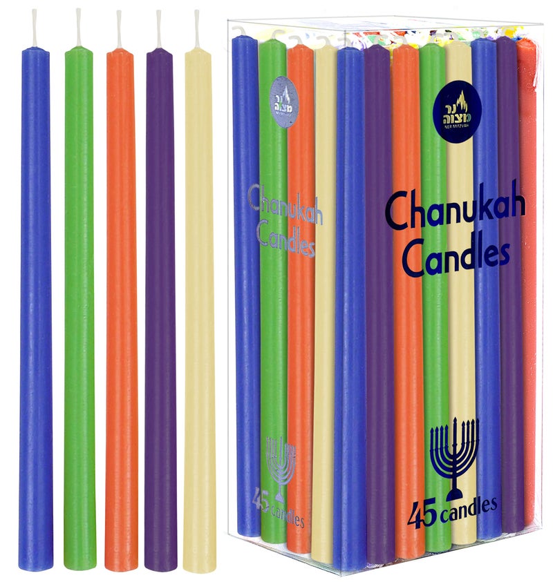 Ner Mitzvah Colorful Long Chanukah Candles Diameter Fits Most Menorahs Premium Quality Wax Assorted Colors for All 8 Nights of Hanukkah  Standard Size  45 Count