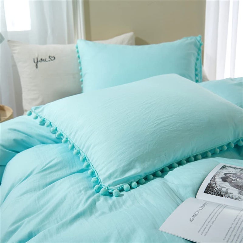 IHOUSTRIY Duvet Cover Full Size,100% Polyester 3pcs Bedding Duvet Cover Set, Pom Poms Fringe Solid Color Soft and Breathable with Zipper Closure & Corner Ties (Turquoise Blue, Full) - Image 5