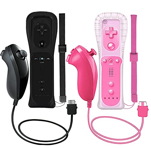 ZeroStory 2 Packs Wireless Controller and Nunchuck for Wii and Wii U Console, Gamepad with Silicone Case and Wrist Strap (Black and Pink) - Image 1