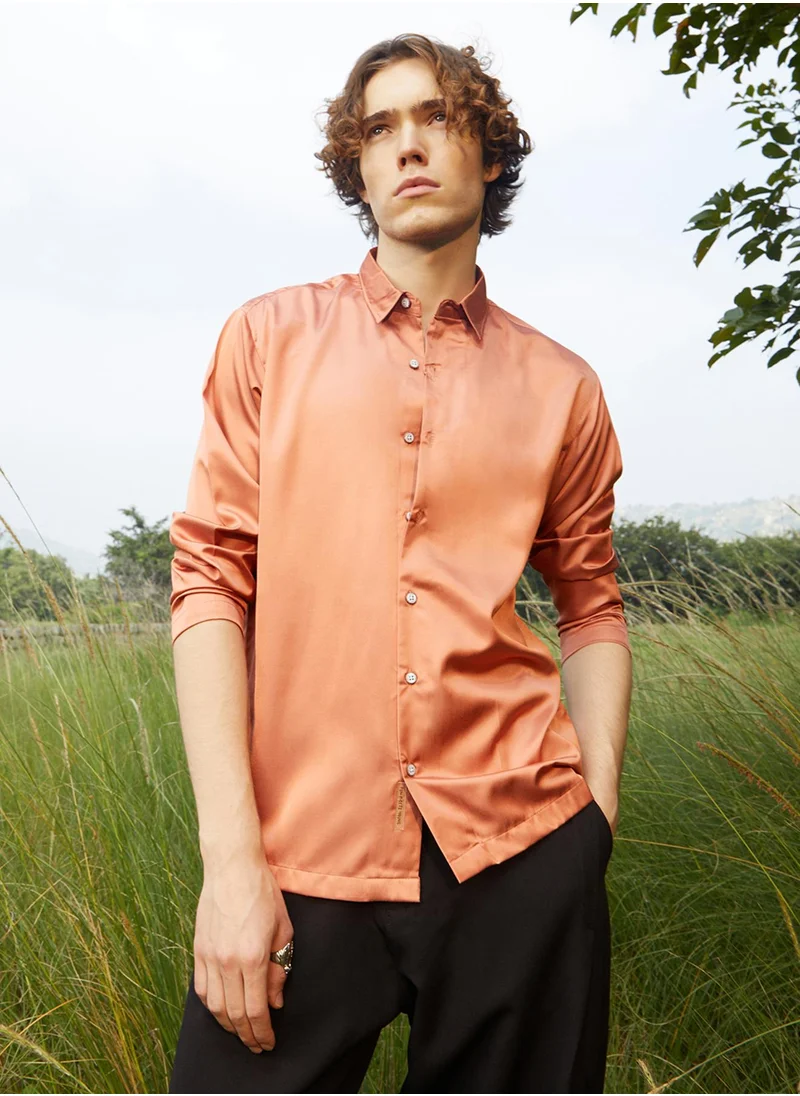Campus Sutra Men's Copper Orange Satin Oversized Shirt
