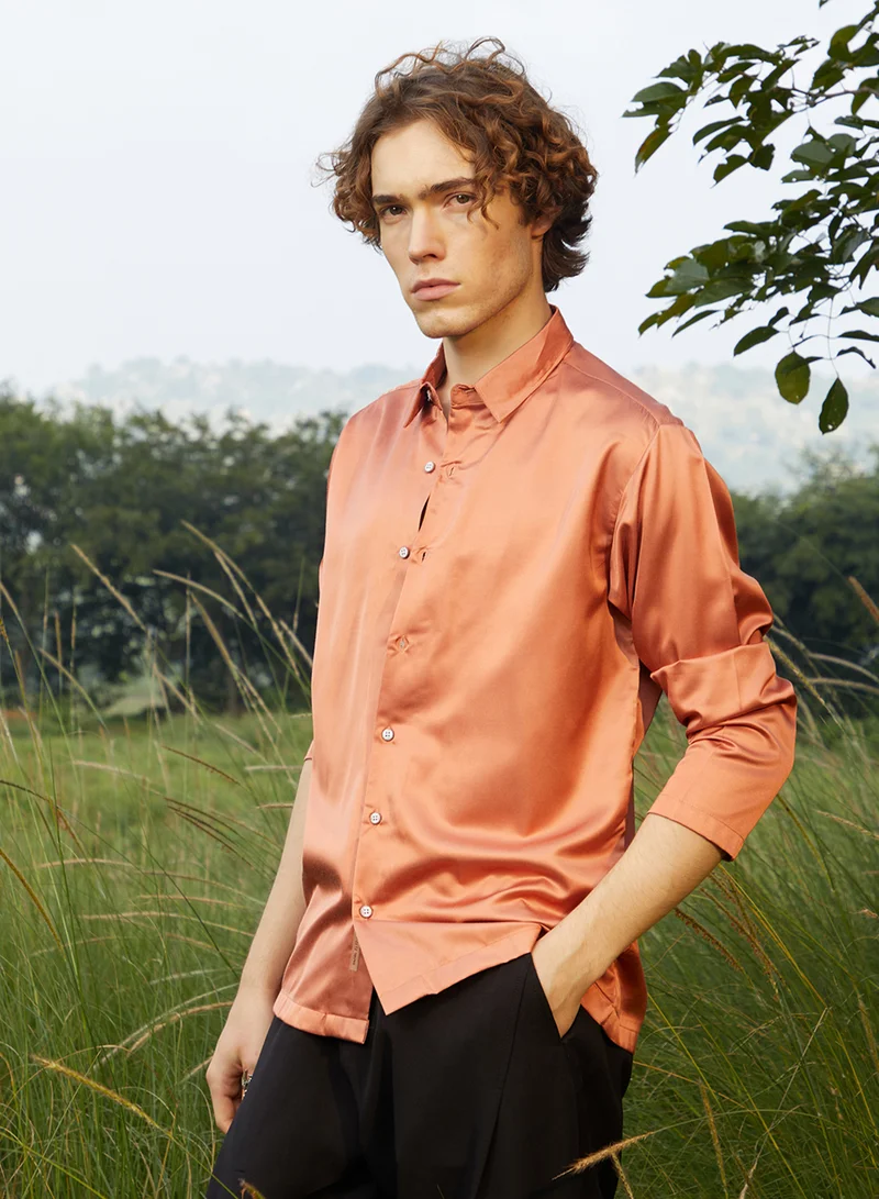 كامبوس سوترا Men's Copper Orange Satin Oversized Shirt