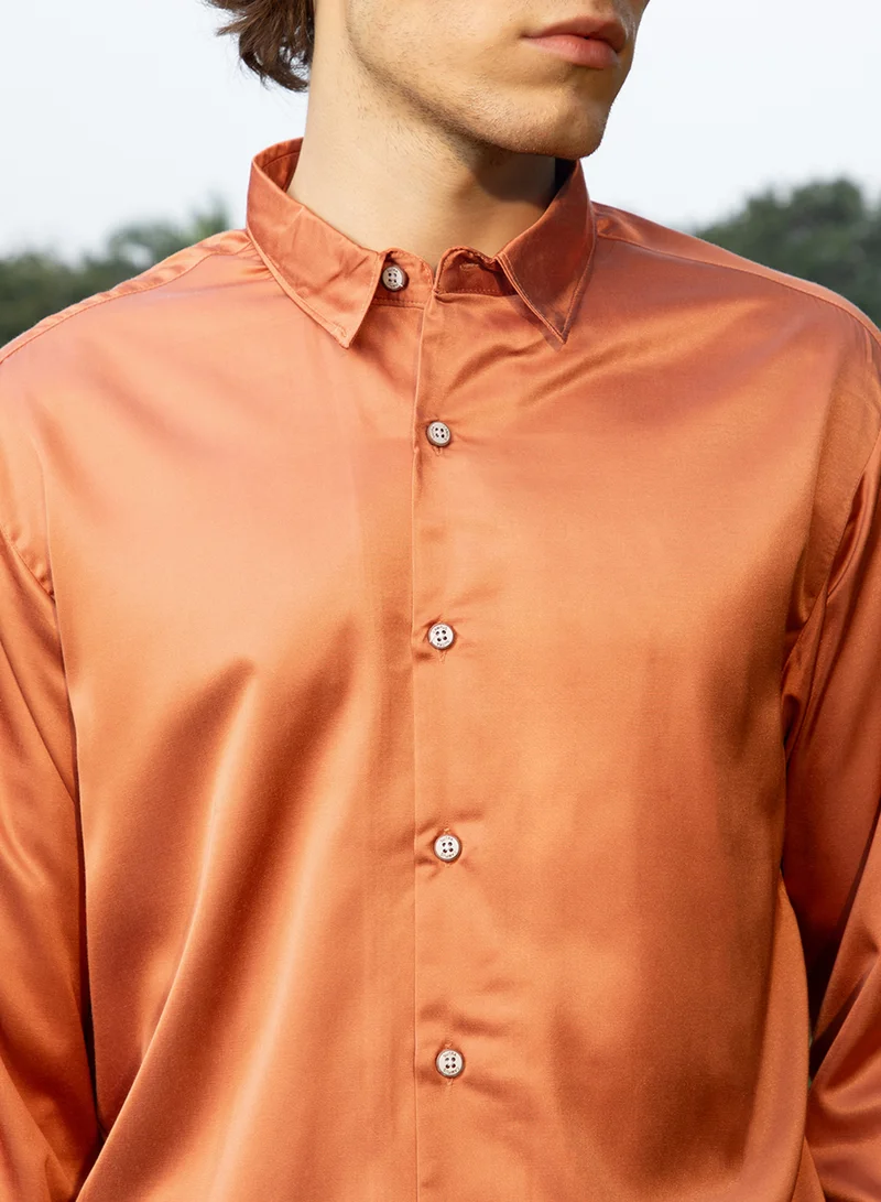 كامبوس سوترا Men's Copper Orange Satin Oversized Shirt