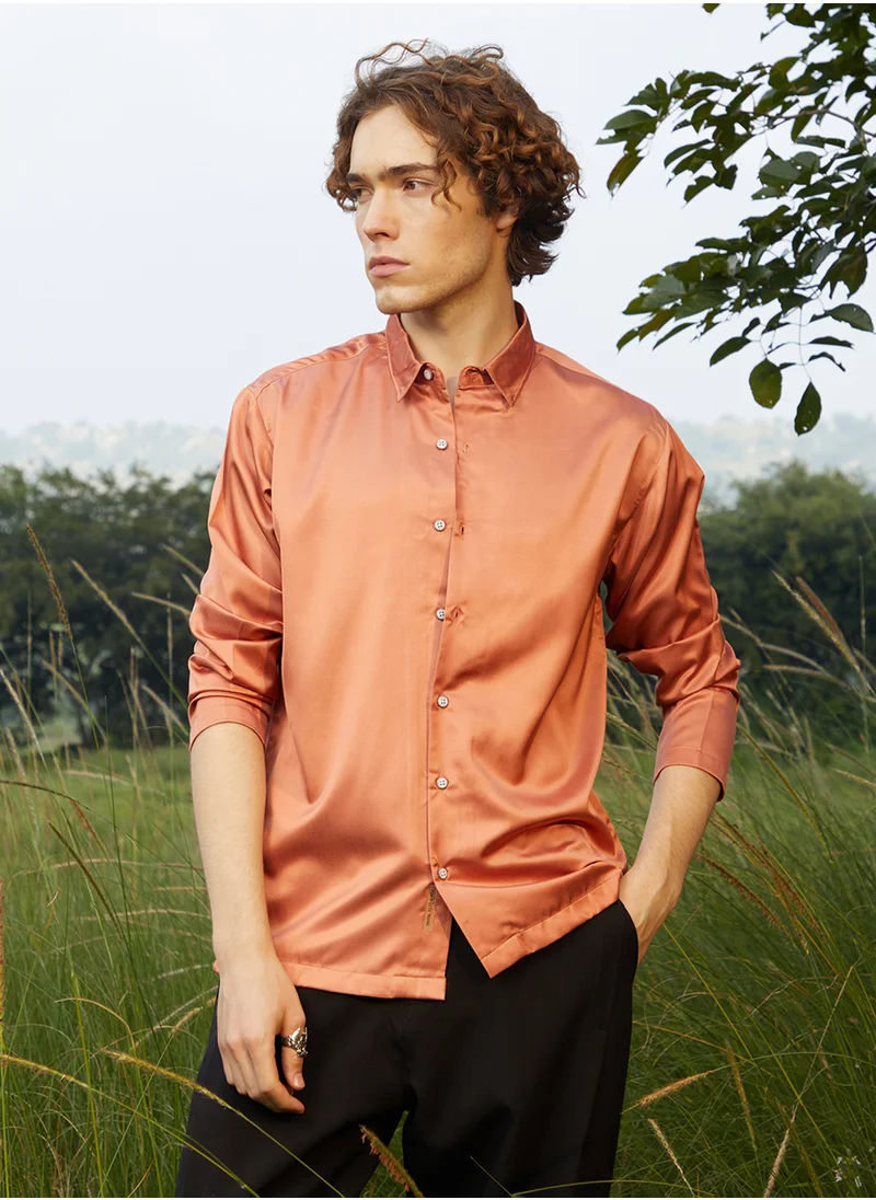 Campus Sutra Men's Copper Orange Satin Oversized Shirt