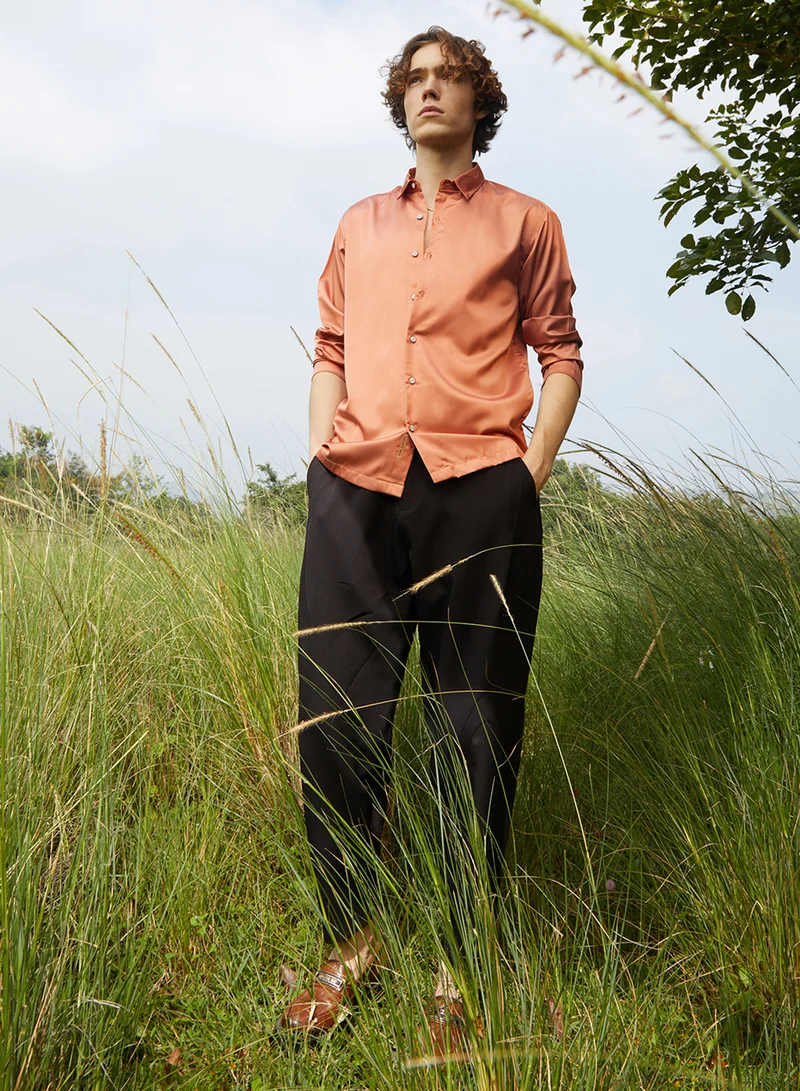 كامبوس سوترا Men's Copper Orange Satin Oversized Shirt