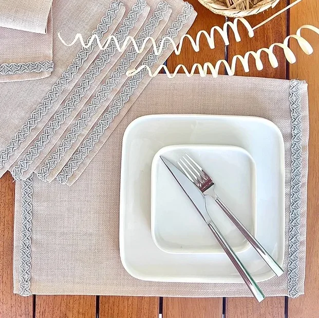 Desenİzmir PatternIzmir Linen Linen, Jute Texture, Gray Stripe, Beige Color, Placemat