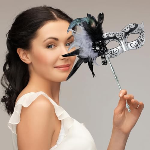 MYSEUNI 2025 New Sliver Masquerade Mask with Stick - Shiny Women's Feather Mardi Gras Venetian Mask for Halloween Parties, Carnival, Cosplay Prom, Christmas, Wedding, Bar, Costume Accessory - Image 5